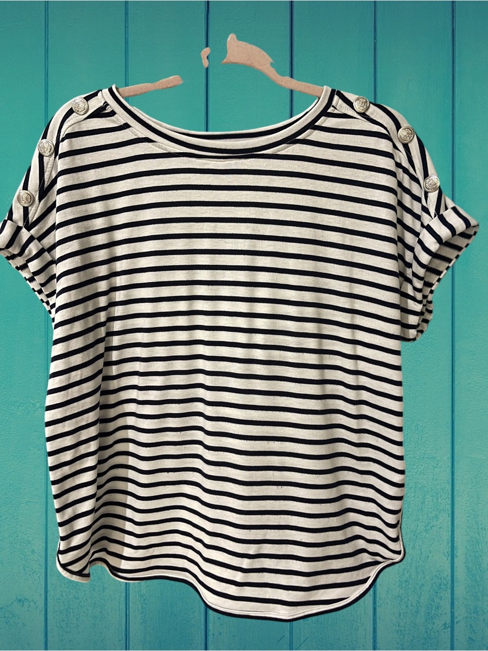 Cupio Black & White Striped Button-Shoulder Tee